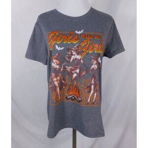 Girls Will Be Girls Graphic T-Shirt Medium Gray Short Sleeve Cotton Blend